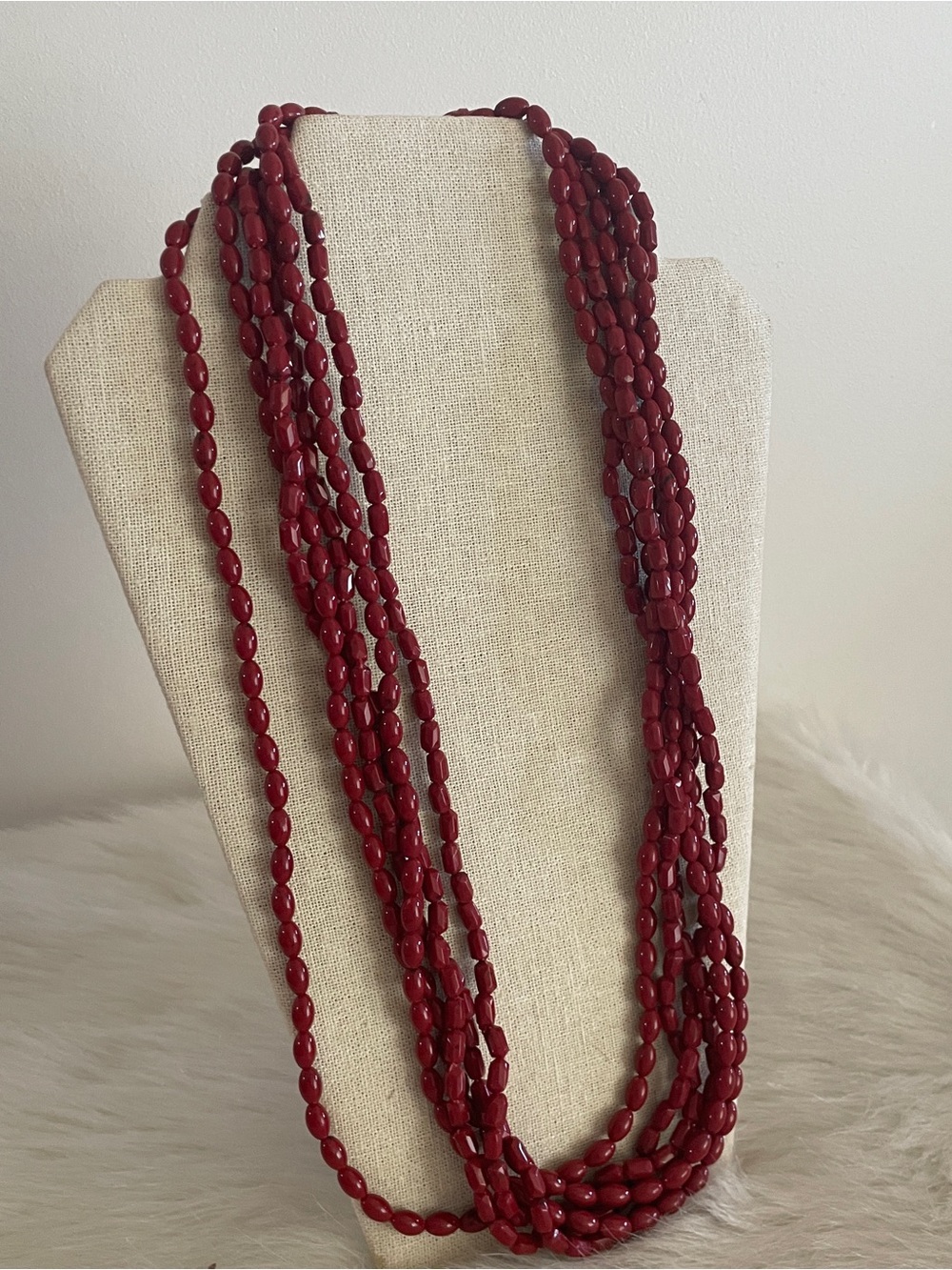 Vintage Multi-Strand Red Beaded Necklace imported coral color